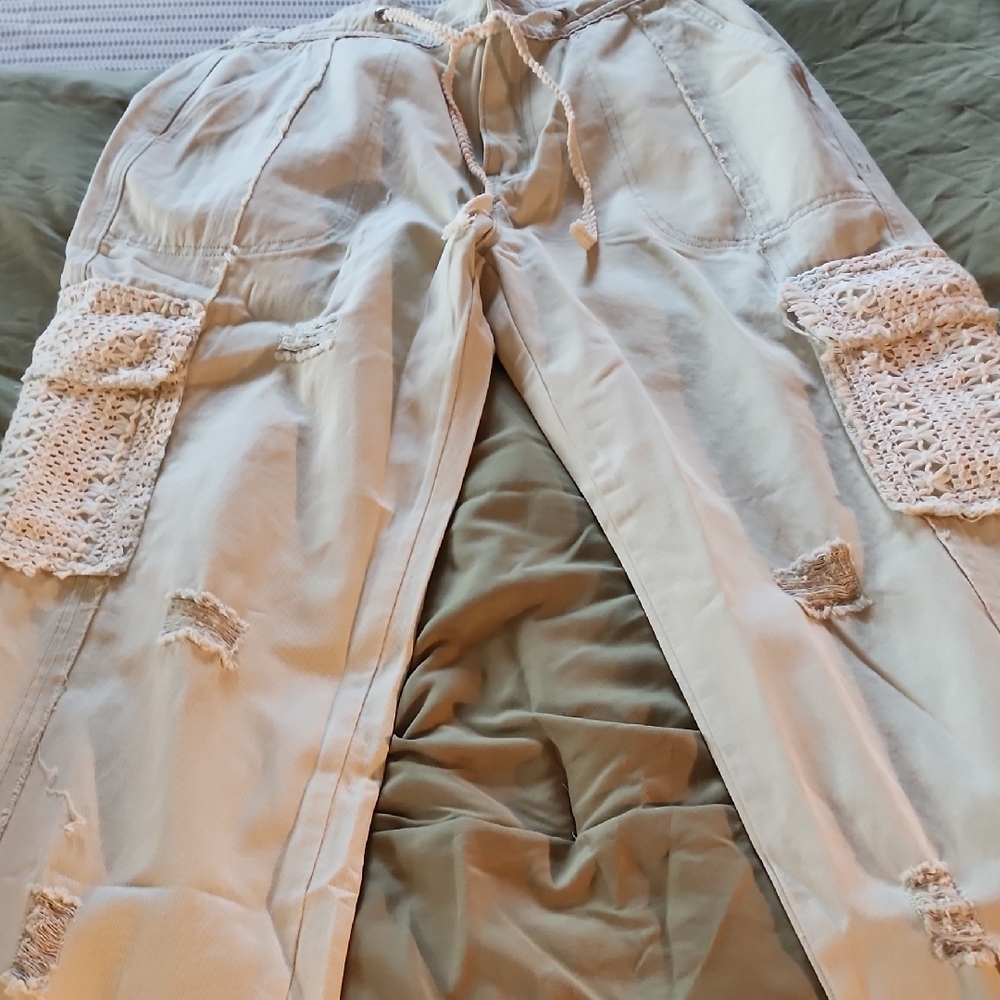 Beige Cargo Pants with Crochet Accents